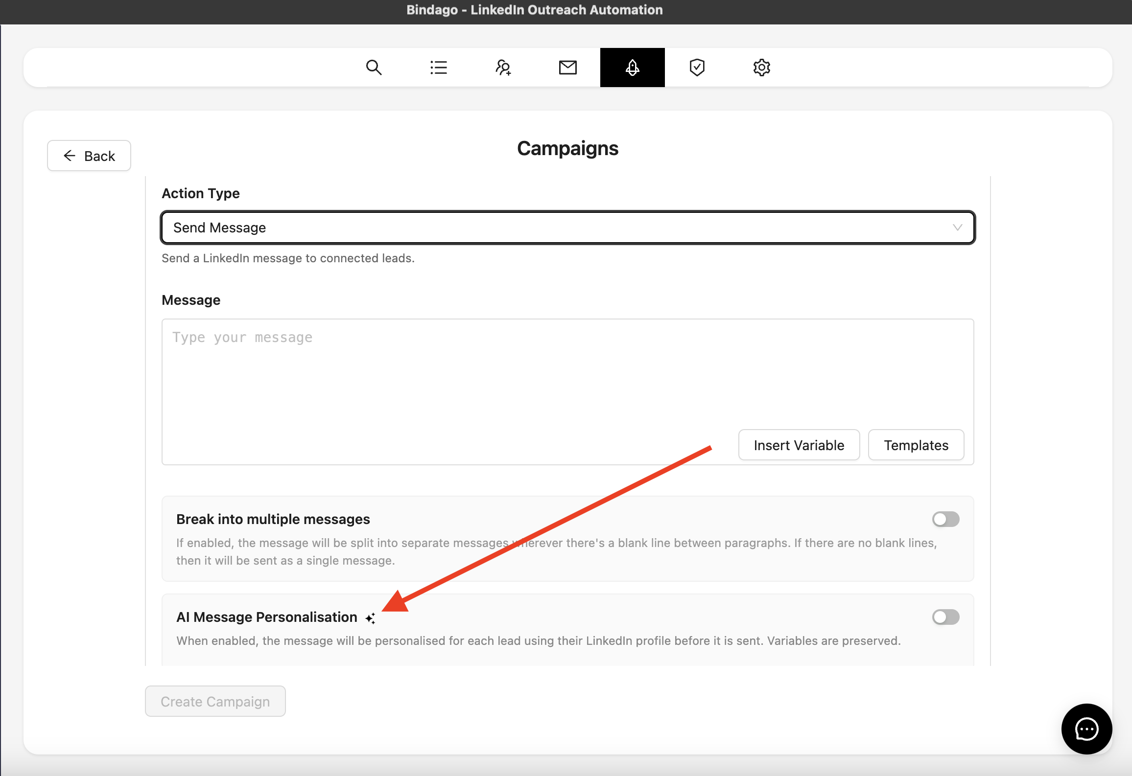 AI personalisation option on a campaign step