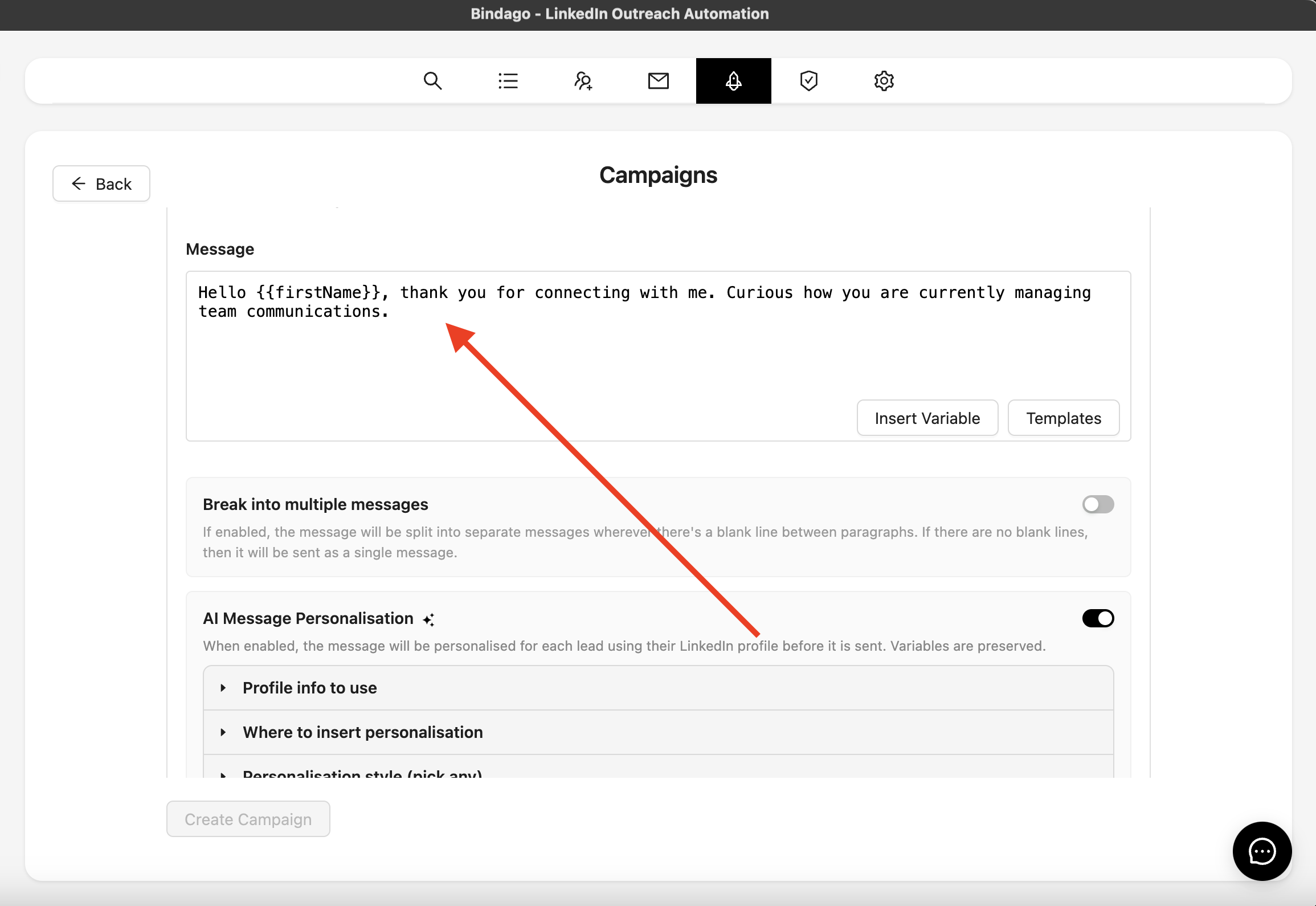Campaign message before personalisation
