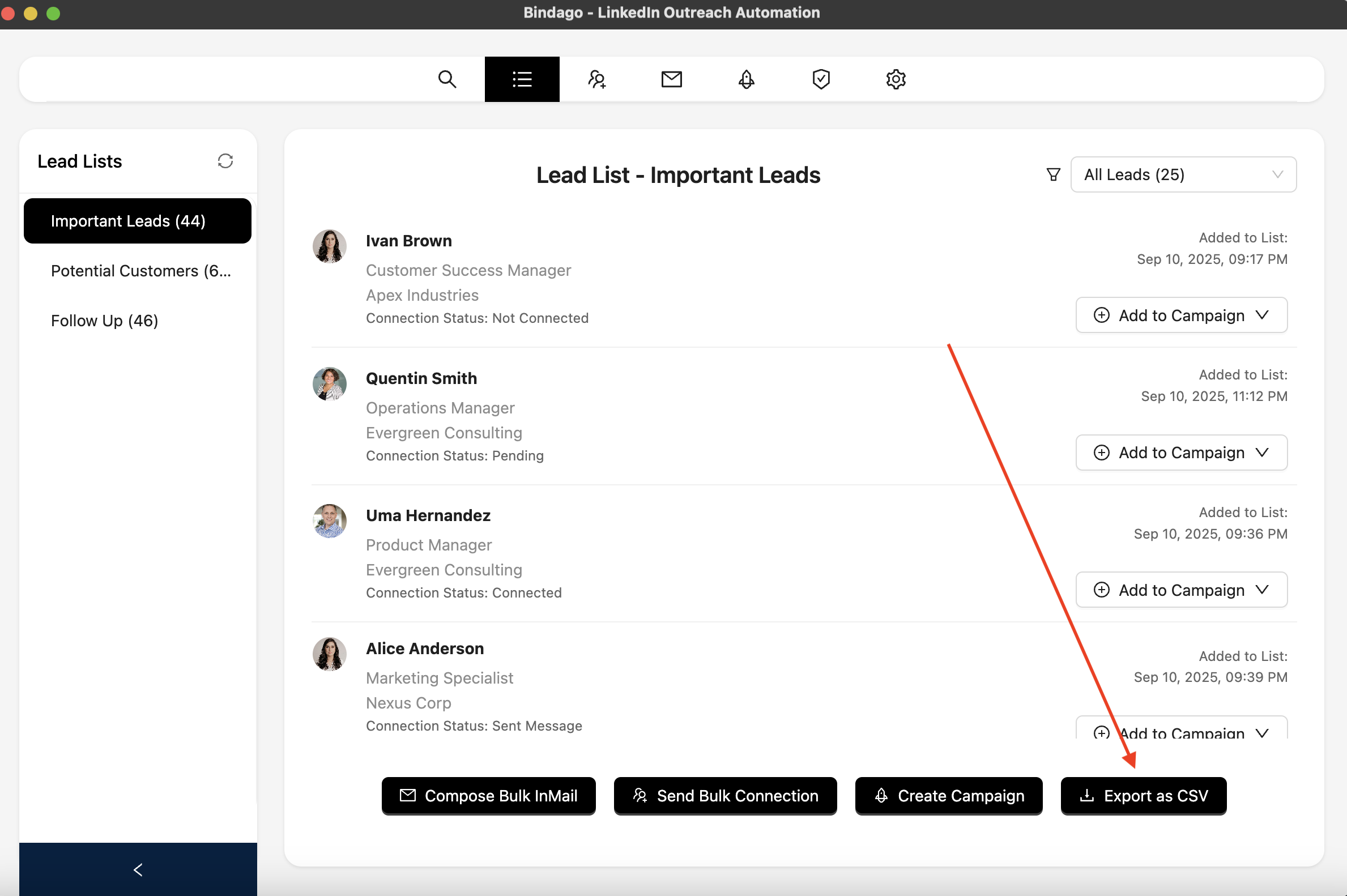 Bindago lead list export to CSV button