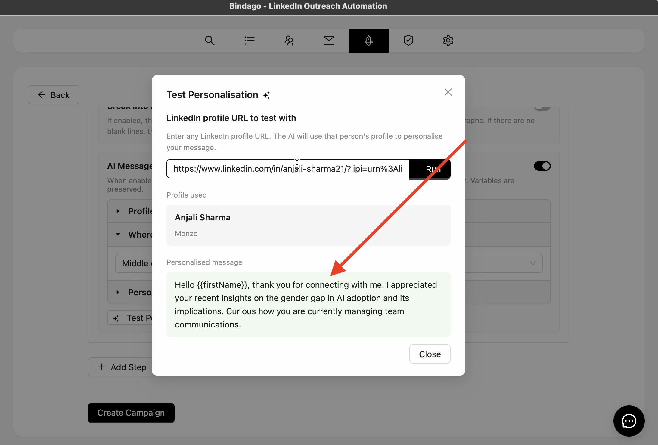 Test personalisation output