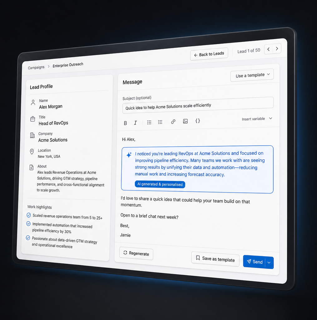 Bindago AI message personalisation interface showing personalised LinkedIn outreach