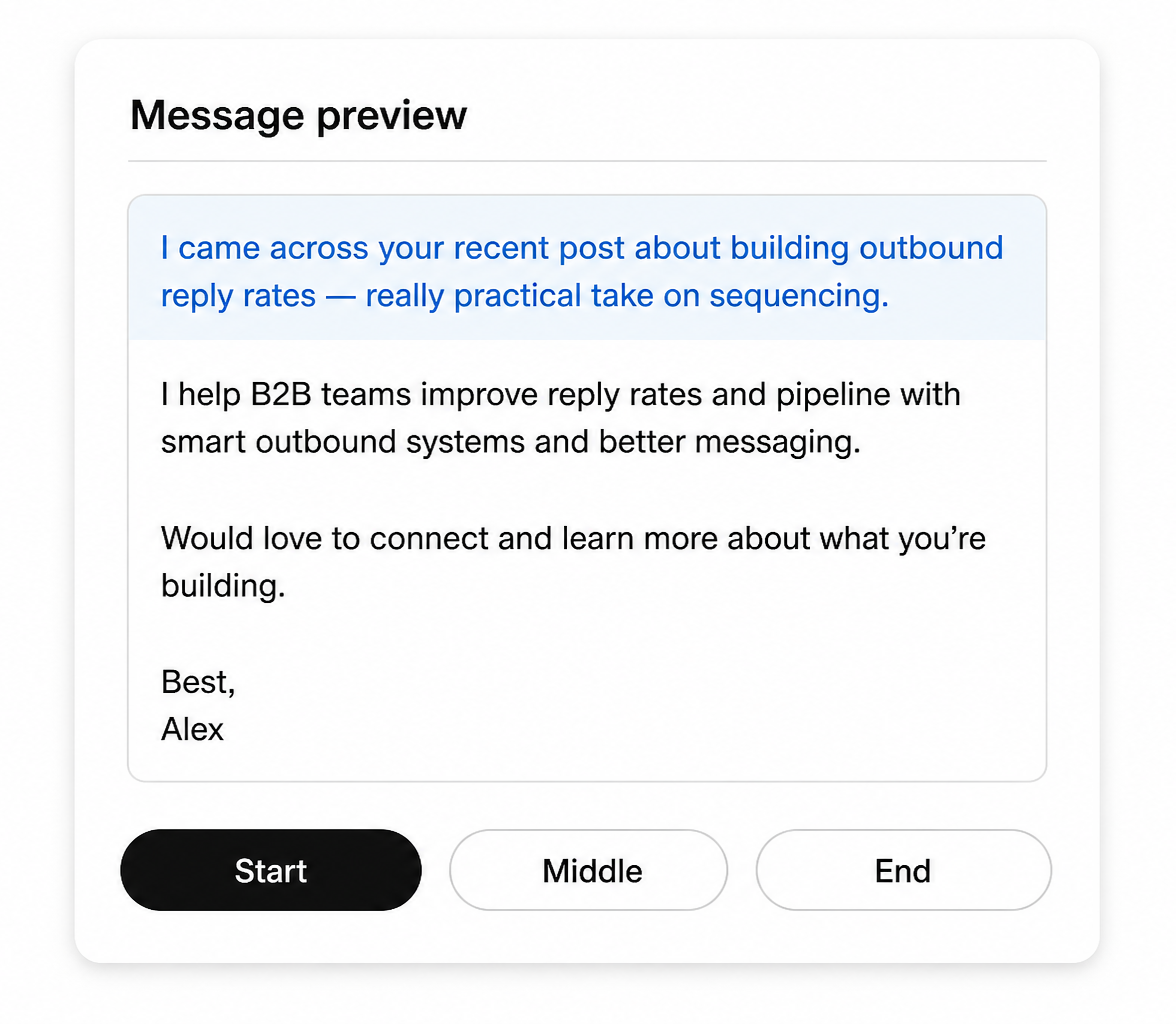 Message preview showing personalised section inserted at the start of a LinkedIn outreach message