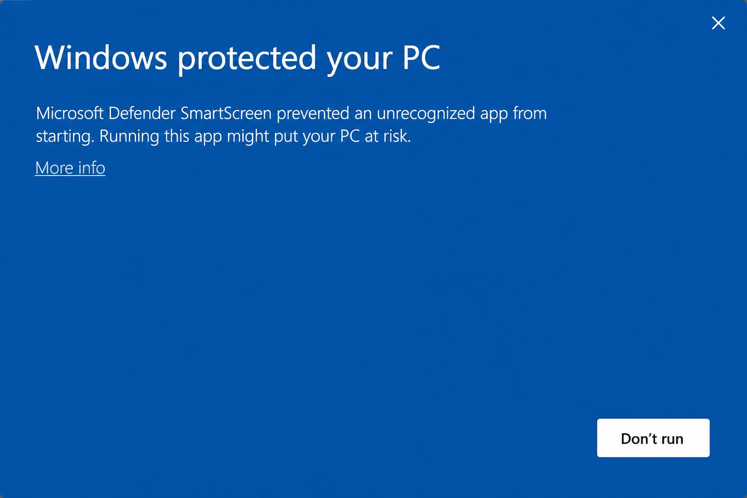 Microsoft Defender SmartScreen dialog blocking an unrecognized Windows app