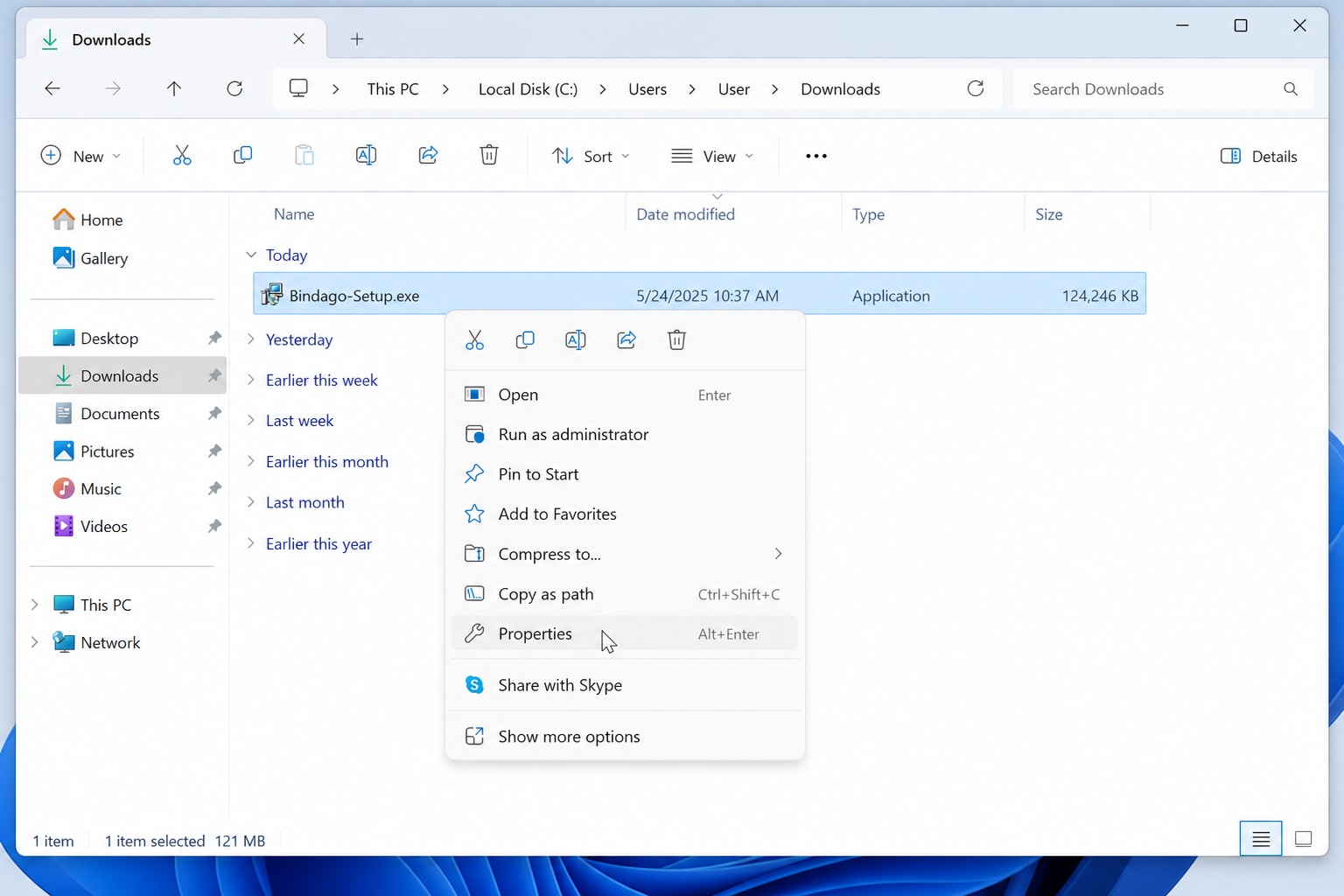 Windows File Explorer context menu with Properties selected on the Bindago installer